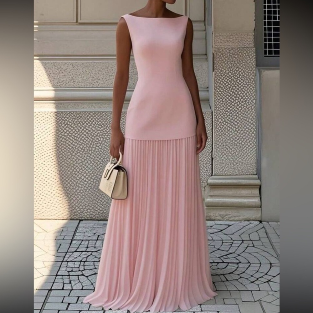 Elegant Pink Boatneck Pleated Maxi Dress